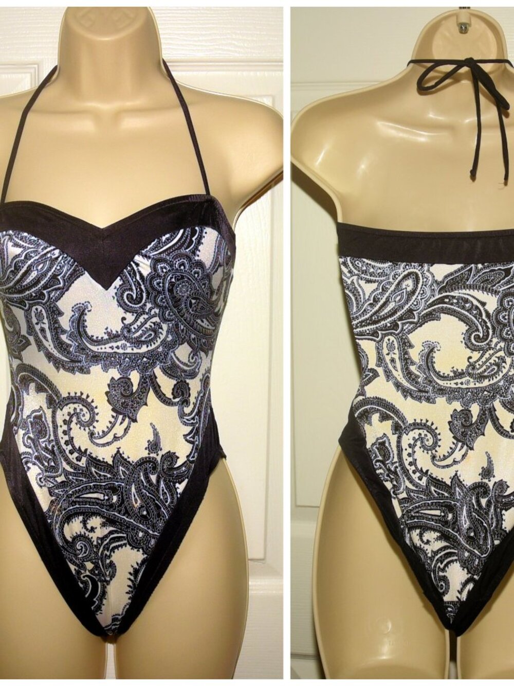 VTG 80's 1-Piece Black & White Fleur di Lis Swimsuit XXS Avon Fashions Deadstock